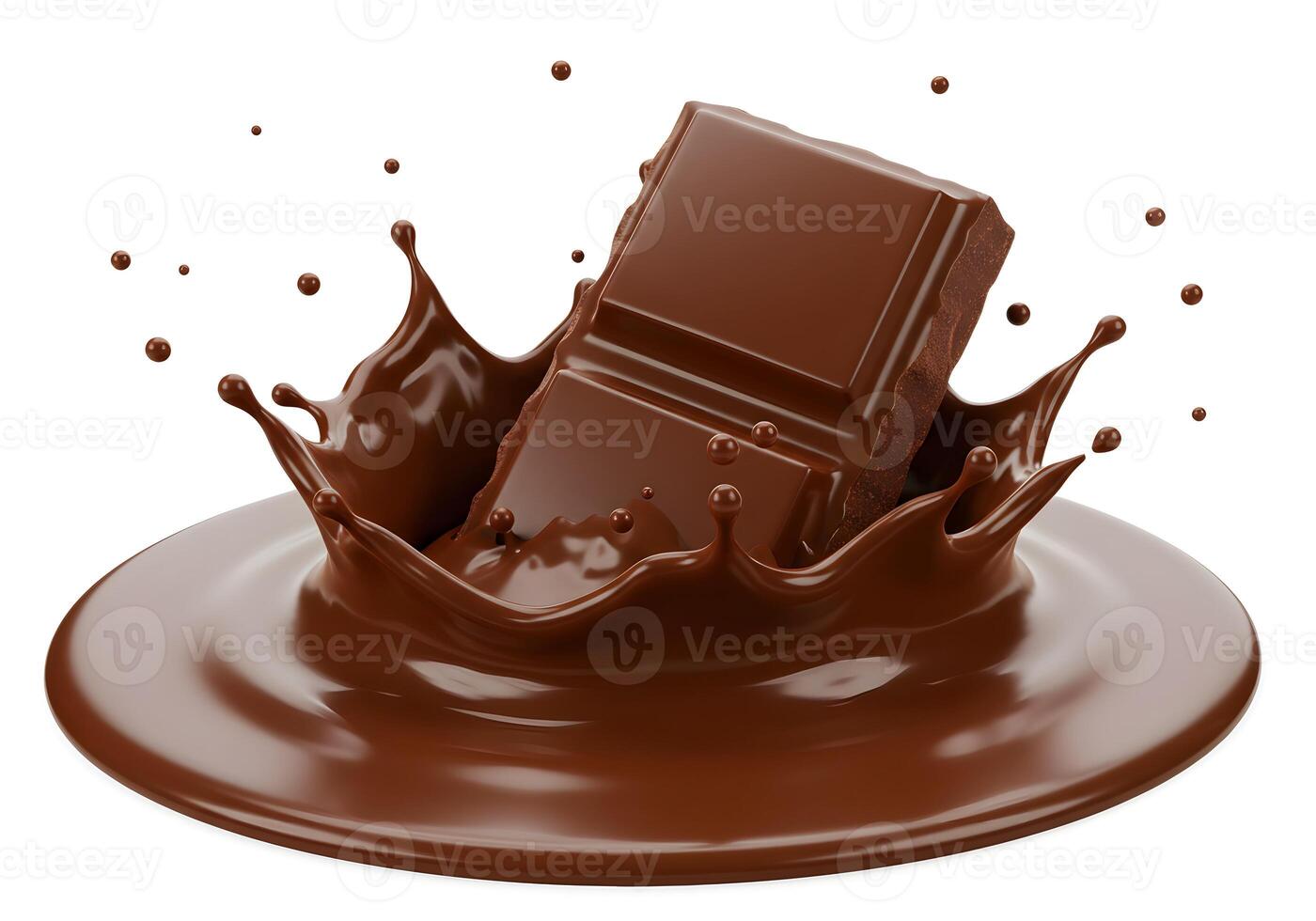 Delicious Chocolate Bar Splashing into Melted Chocolate, Isolated on White Background. photo