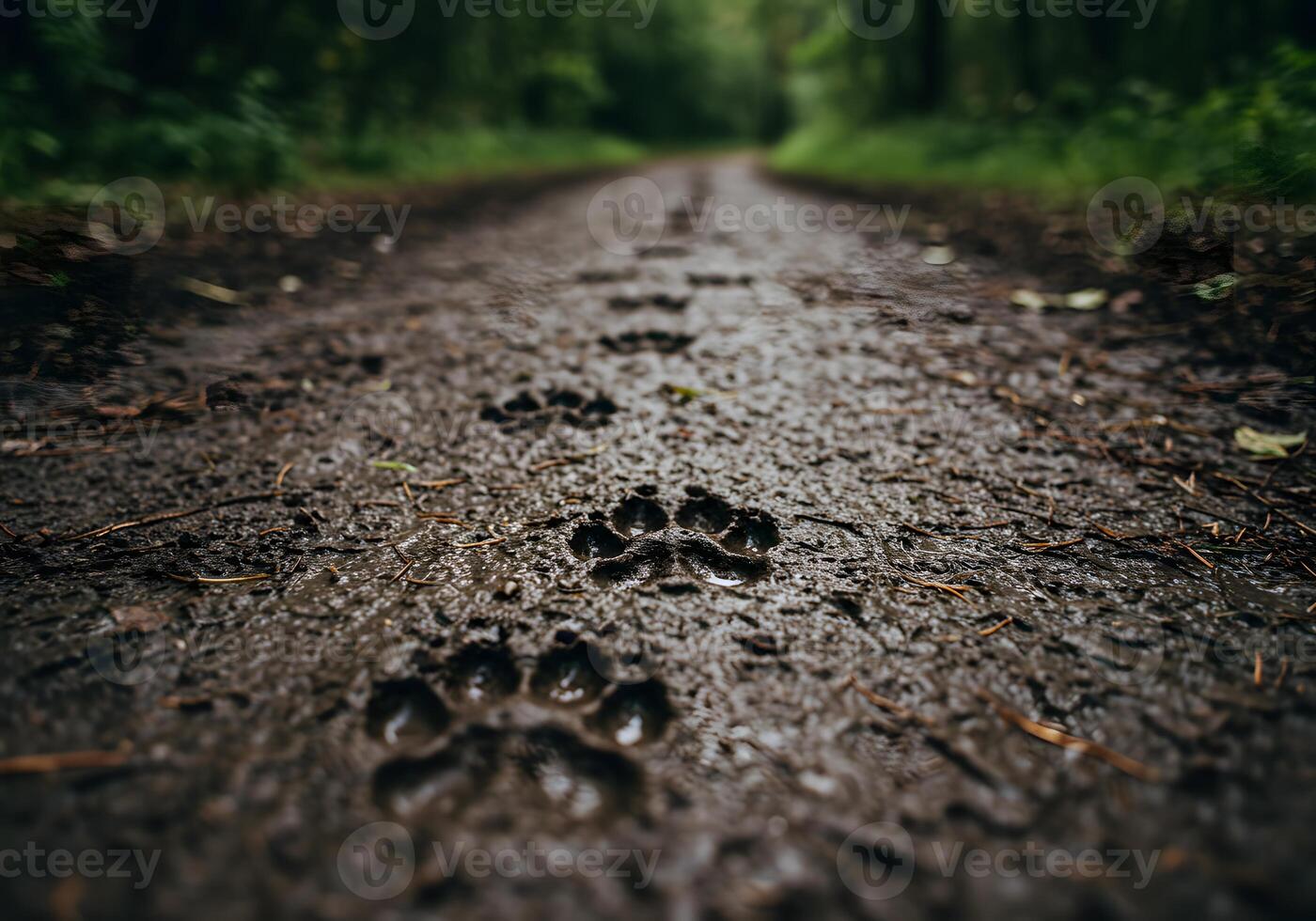 A muddy road with paw prints in the middle photo
