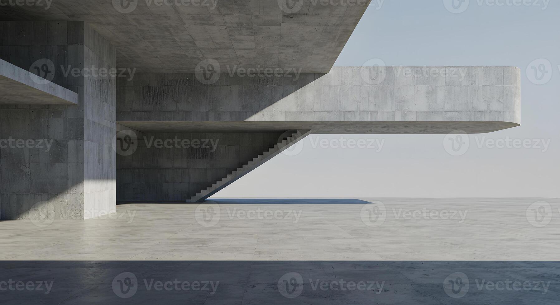A concrete building with a large window and stairs photo