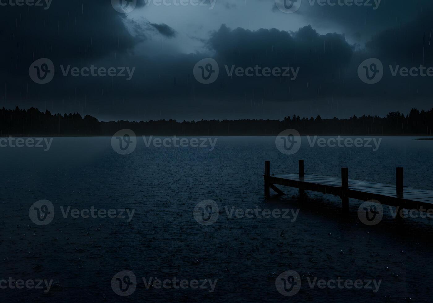 A dock in the middle of a lake under a dark sky photo