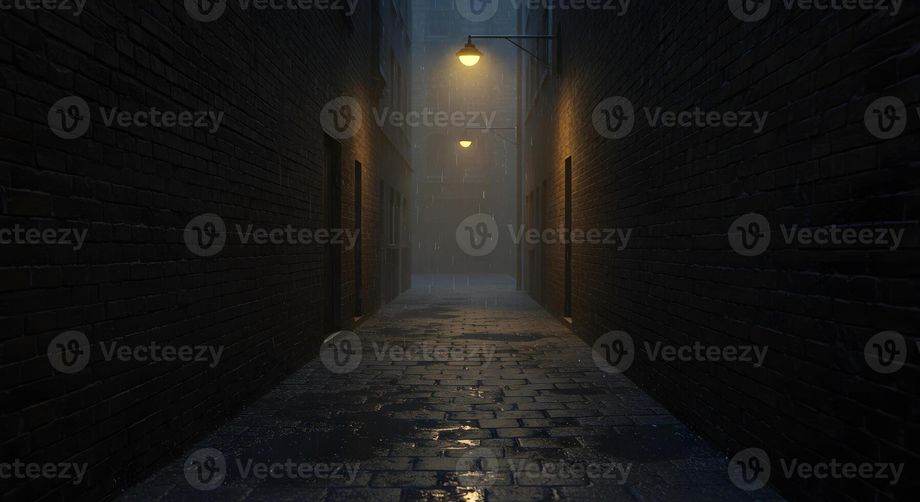 A dark alley with a light on the street photo