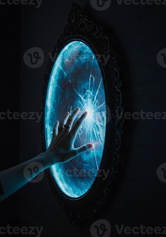 A person reaching for a mirror with a broken glass photo