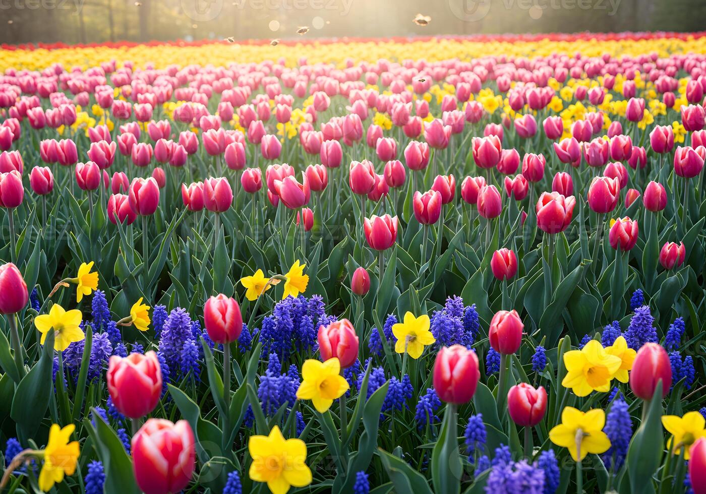 A field of colorful tulips and daffodils in the sun photo