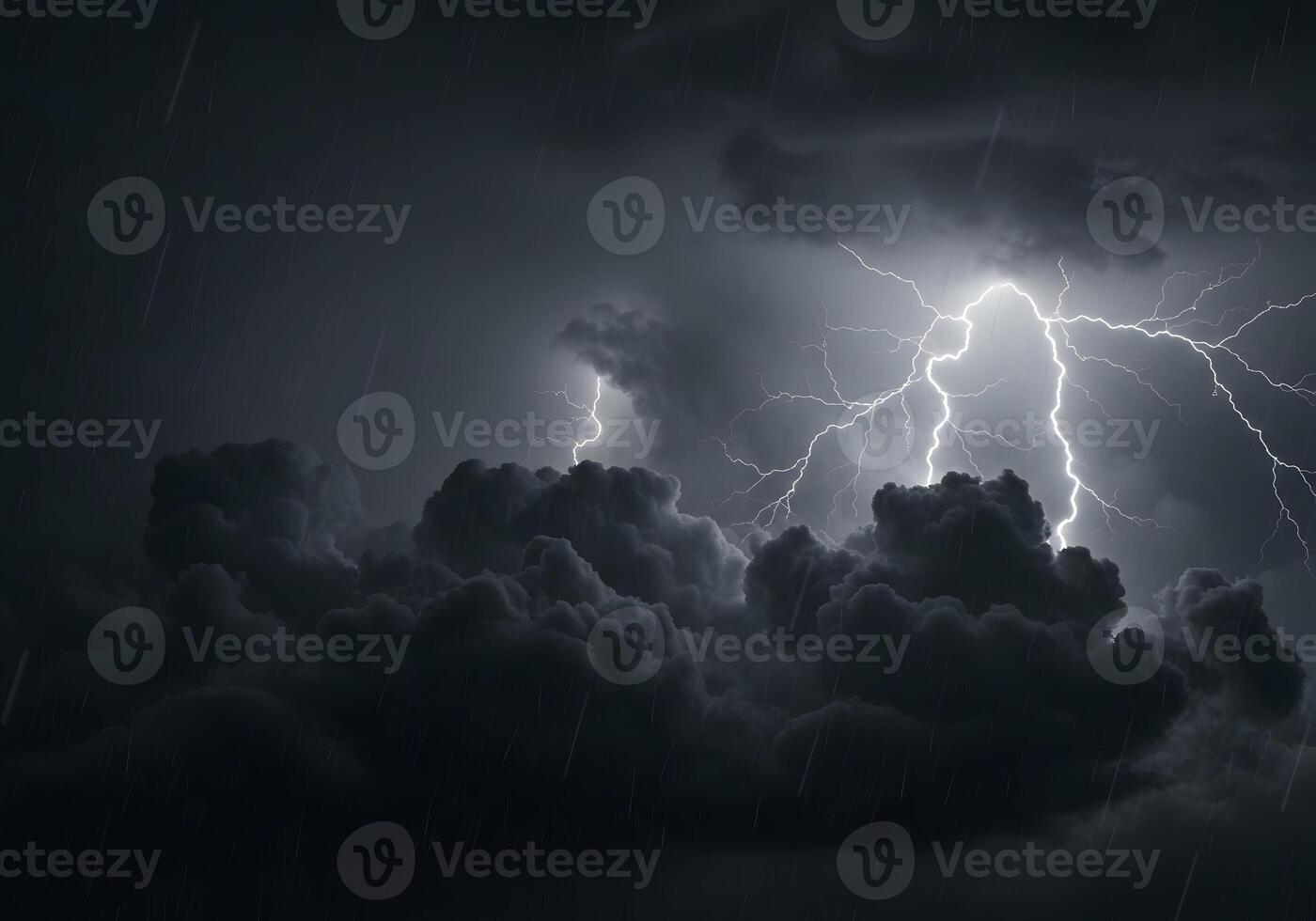 Lightning strikes over dark clouds in the sky photo