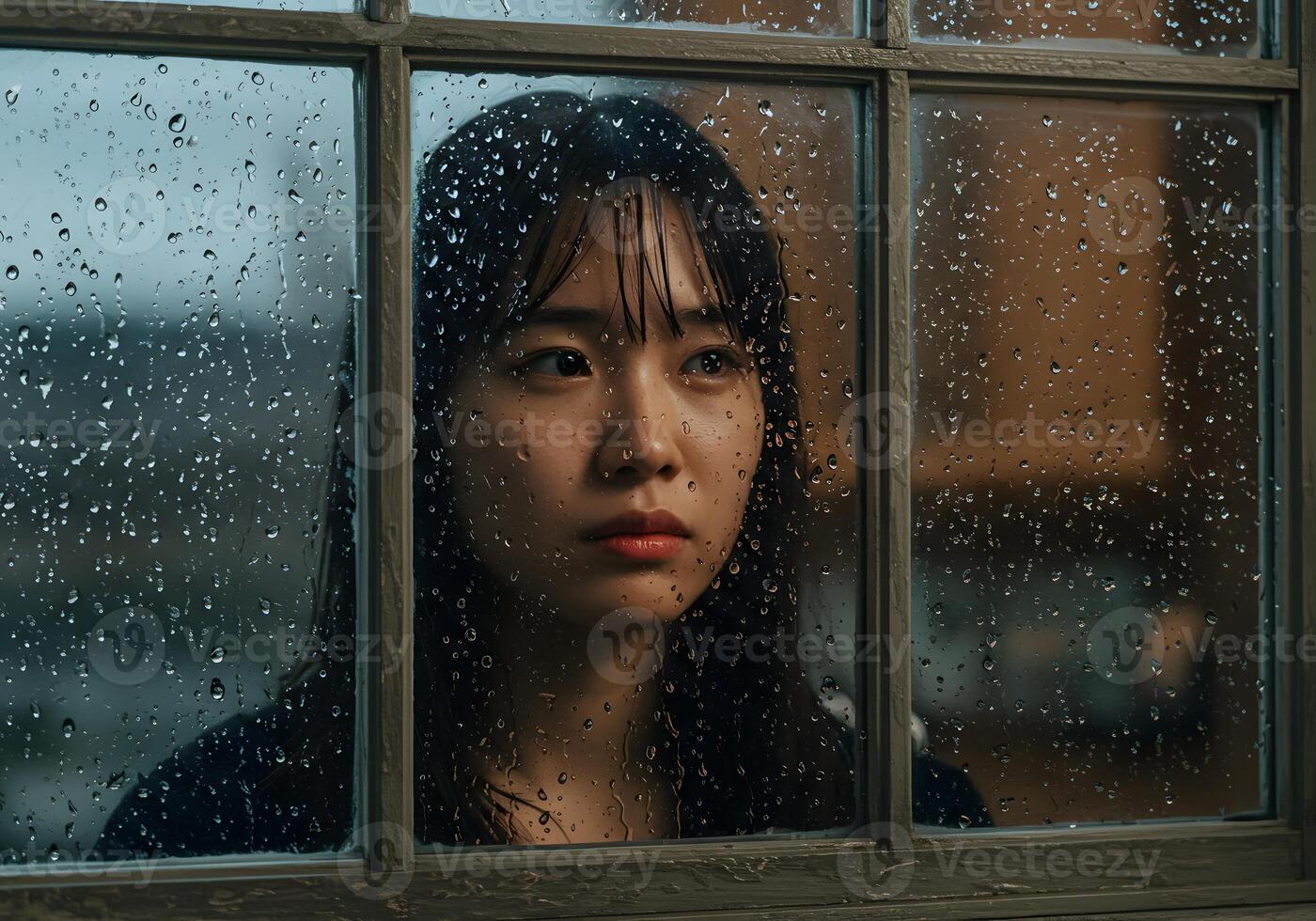 A woman looking out the window in the rain photo