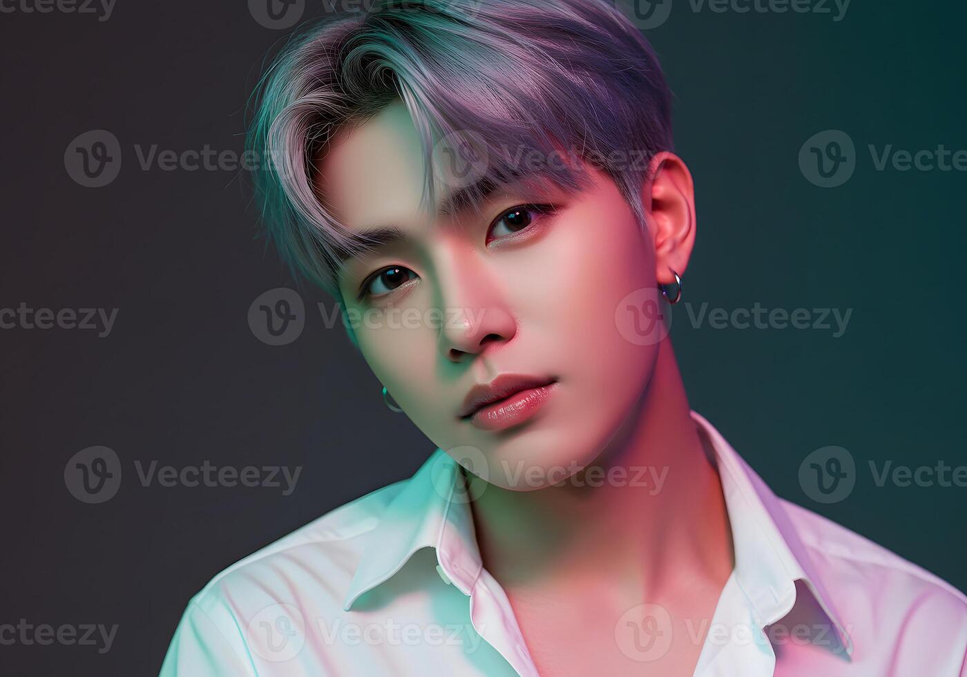 A man with blue hair and white shirt photo