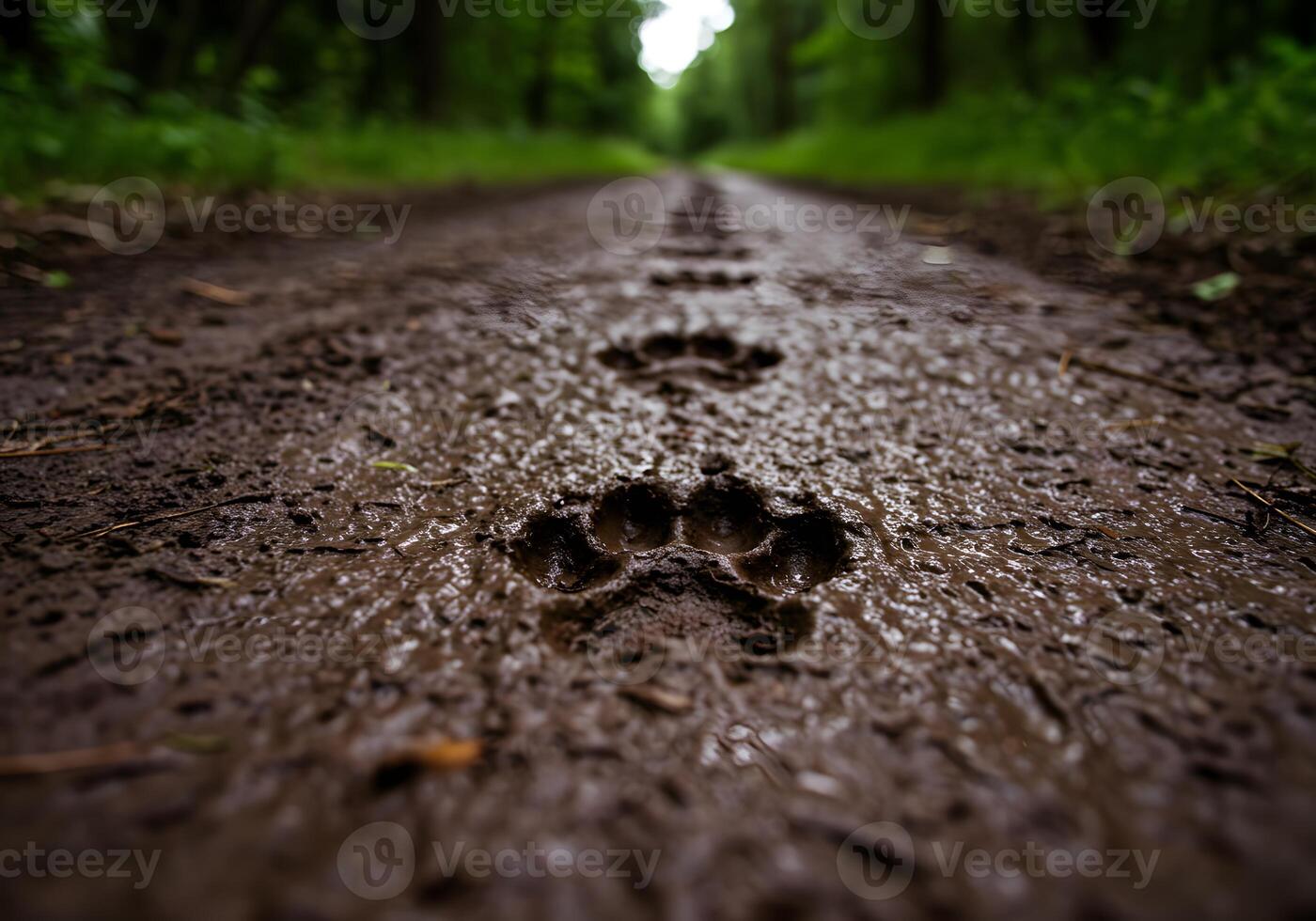 A muddy trail with paw prints in the middle photo