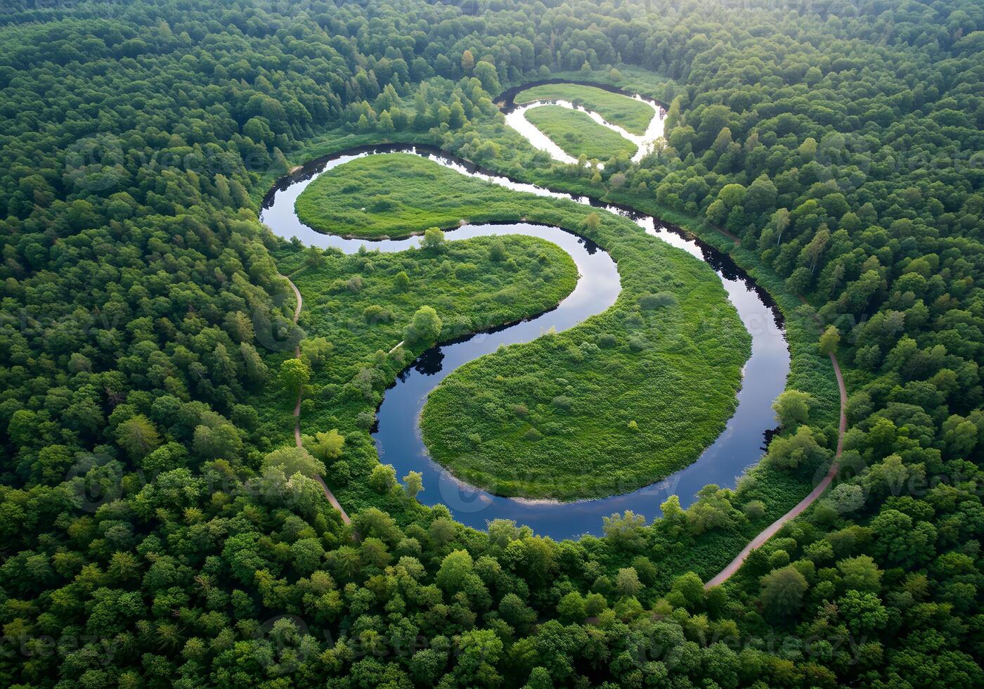 An aerial view of a river in the middle of a forest photo
