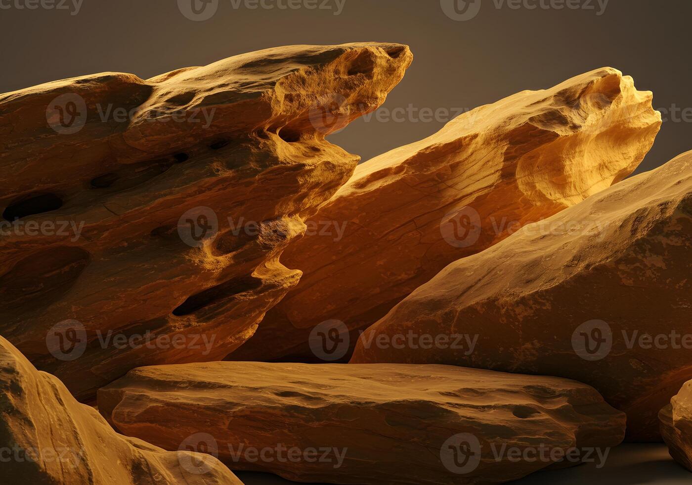 3D Render of Natural Stone Podium Display for Product Presentation, Desert Theme, Earth Tones, Rock Texture. photo