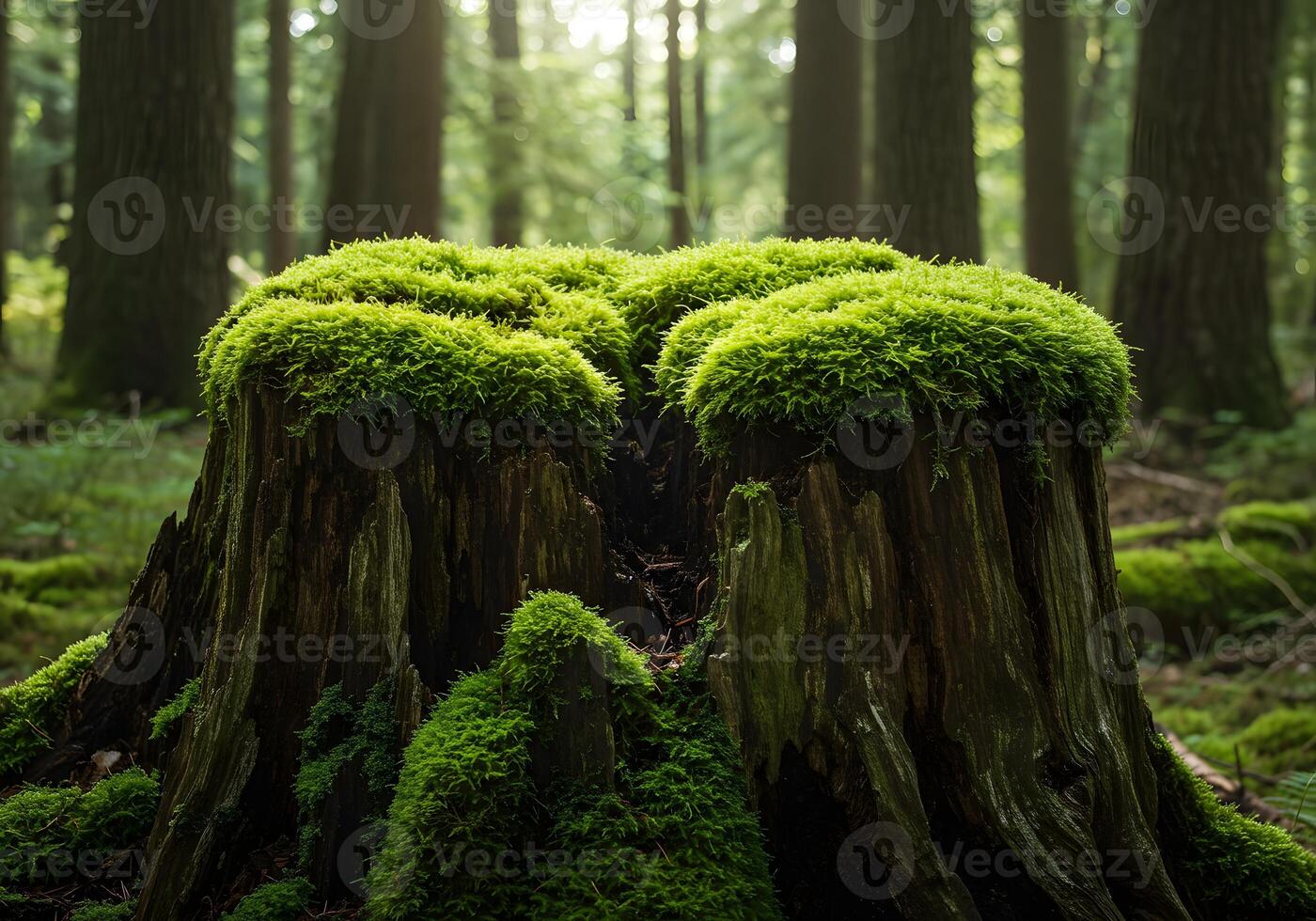 A moss covered stump in the middle of a forest photo