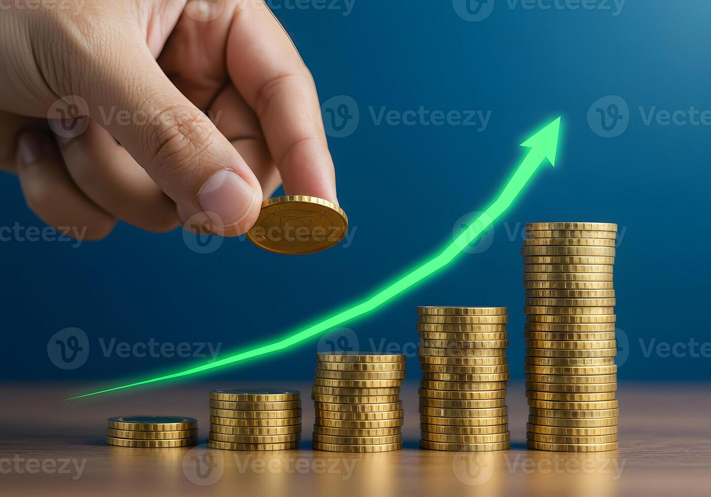 Hand holding coin and green arrow on top of stacks of coins photo