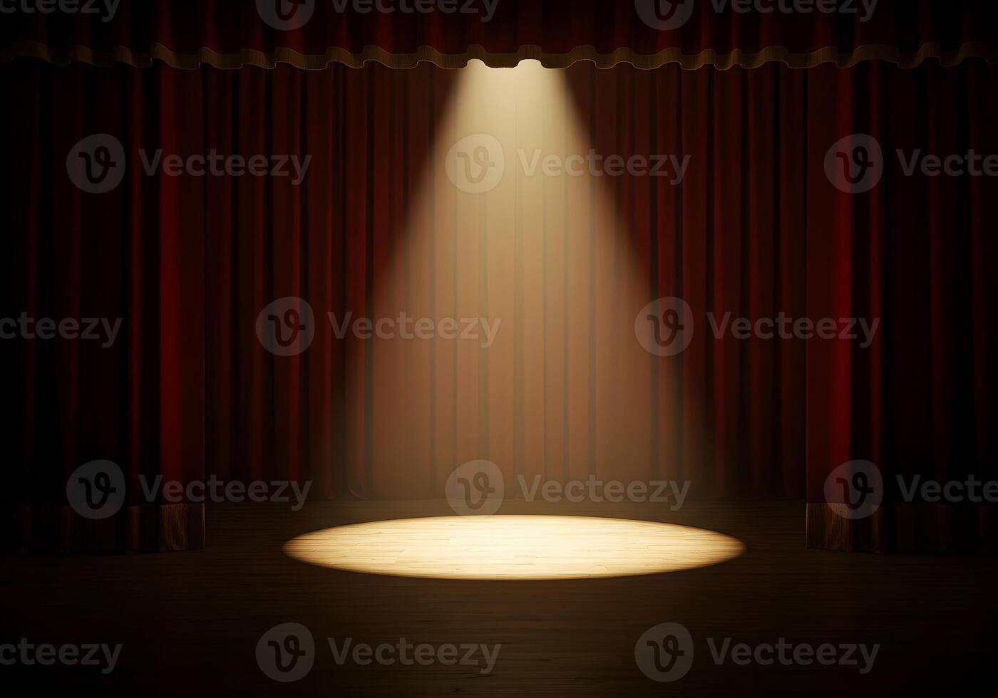 A stage with a spotlight shining on a red curtain photo