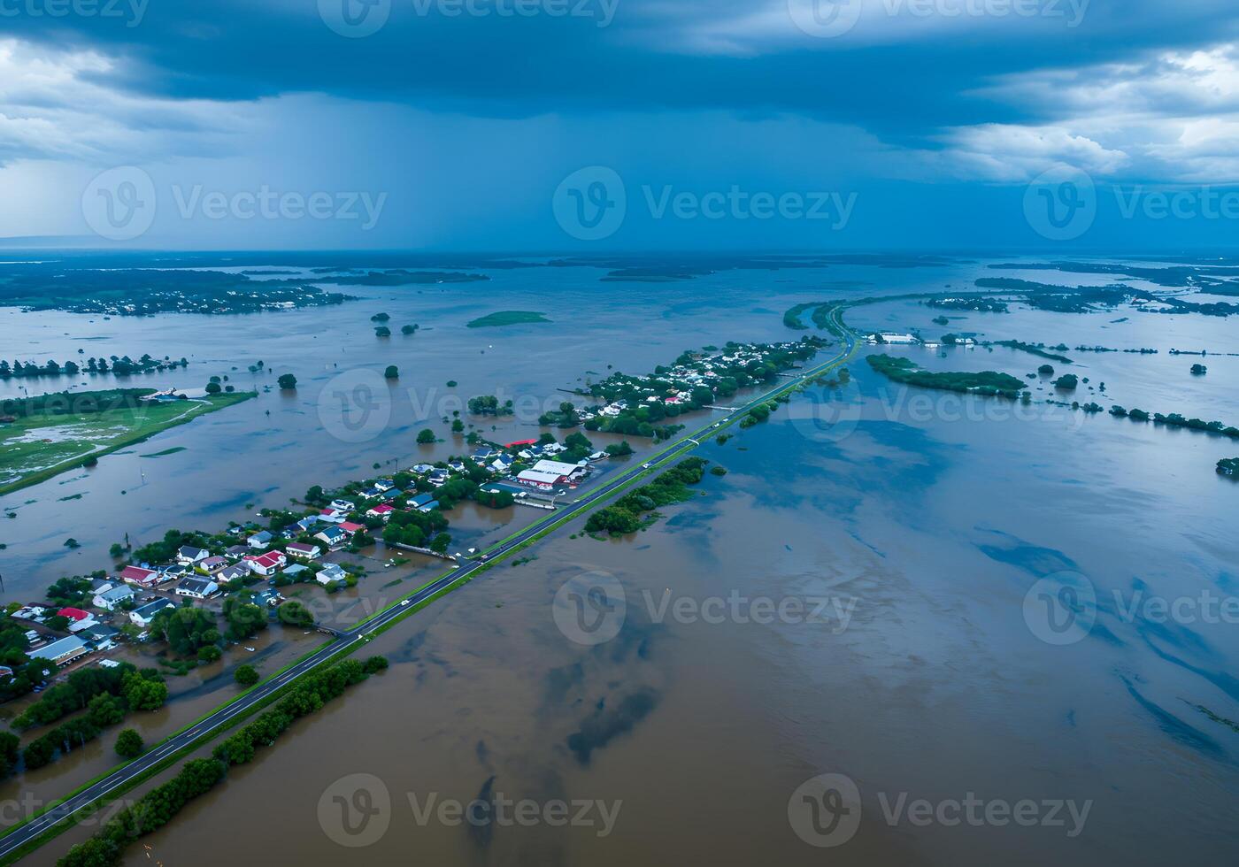 A flooded area with houses and a road photo