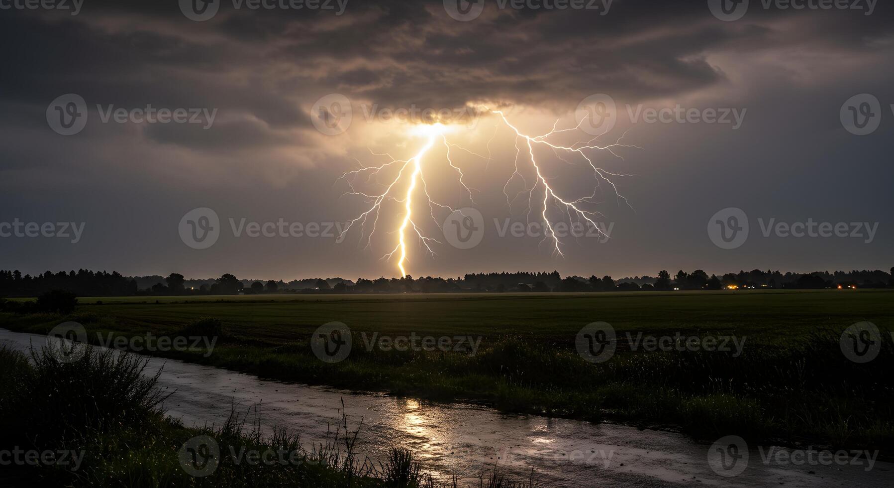 Lightning strikes over a field and river photo