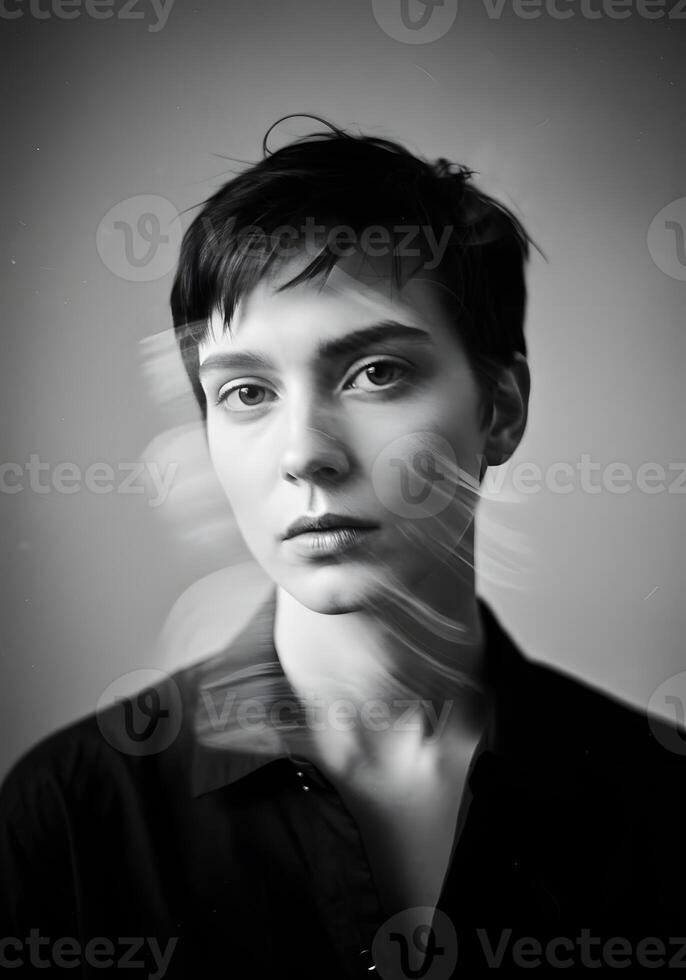 A black and white photo of a woman with her eyes closed