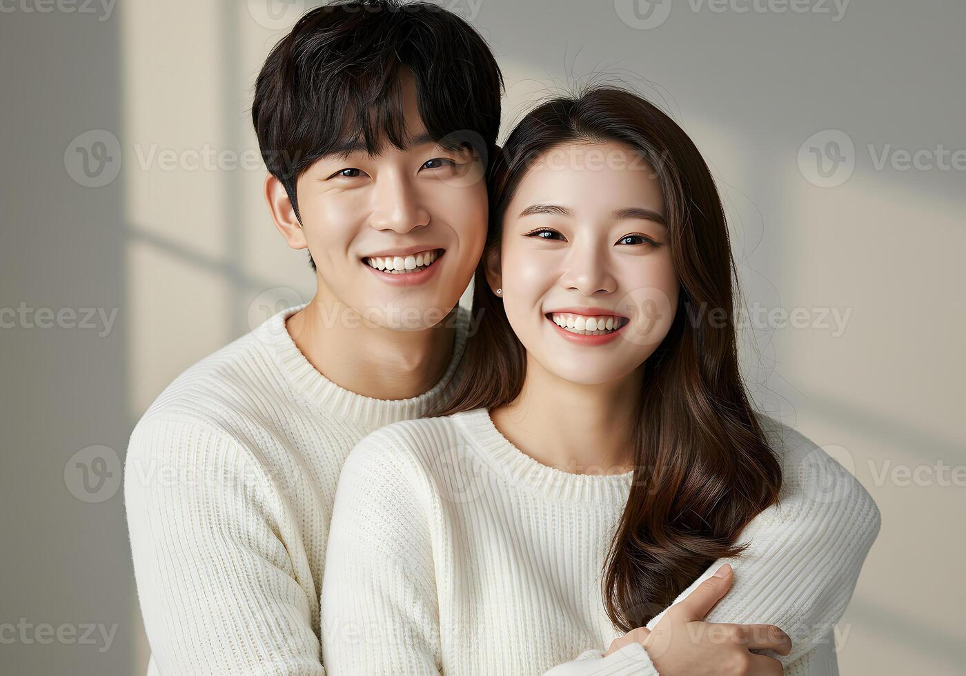 A young couple posing for a photo in front of a window