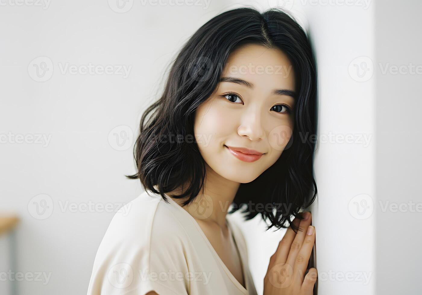 Beautiful asian woman leaning against a wall photo