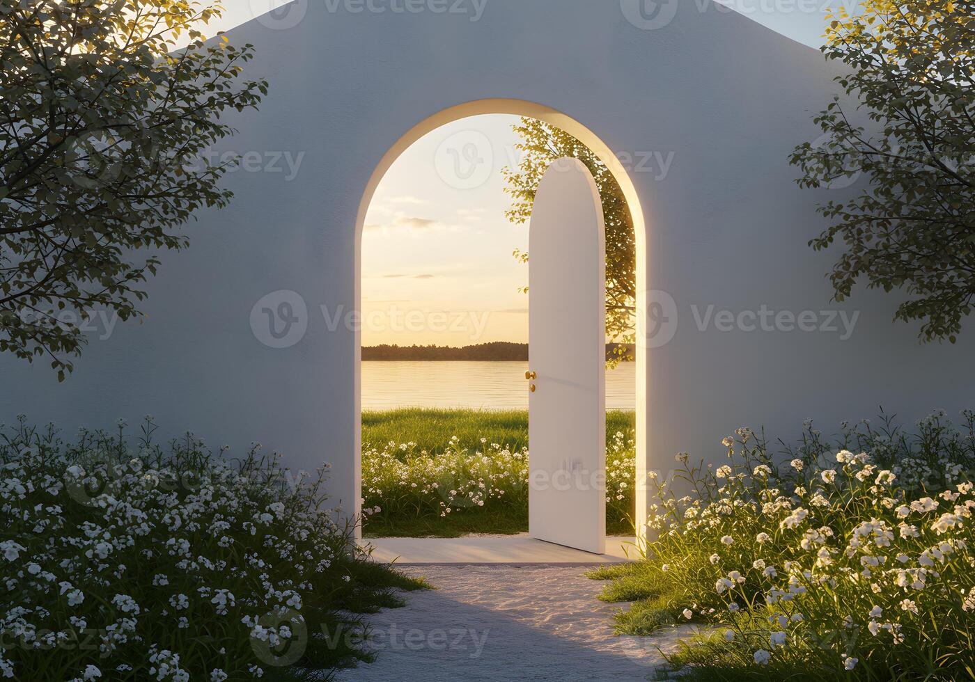 A white building with a door that leads to a field photo