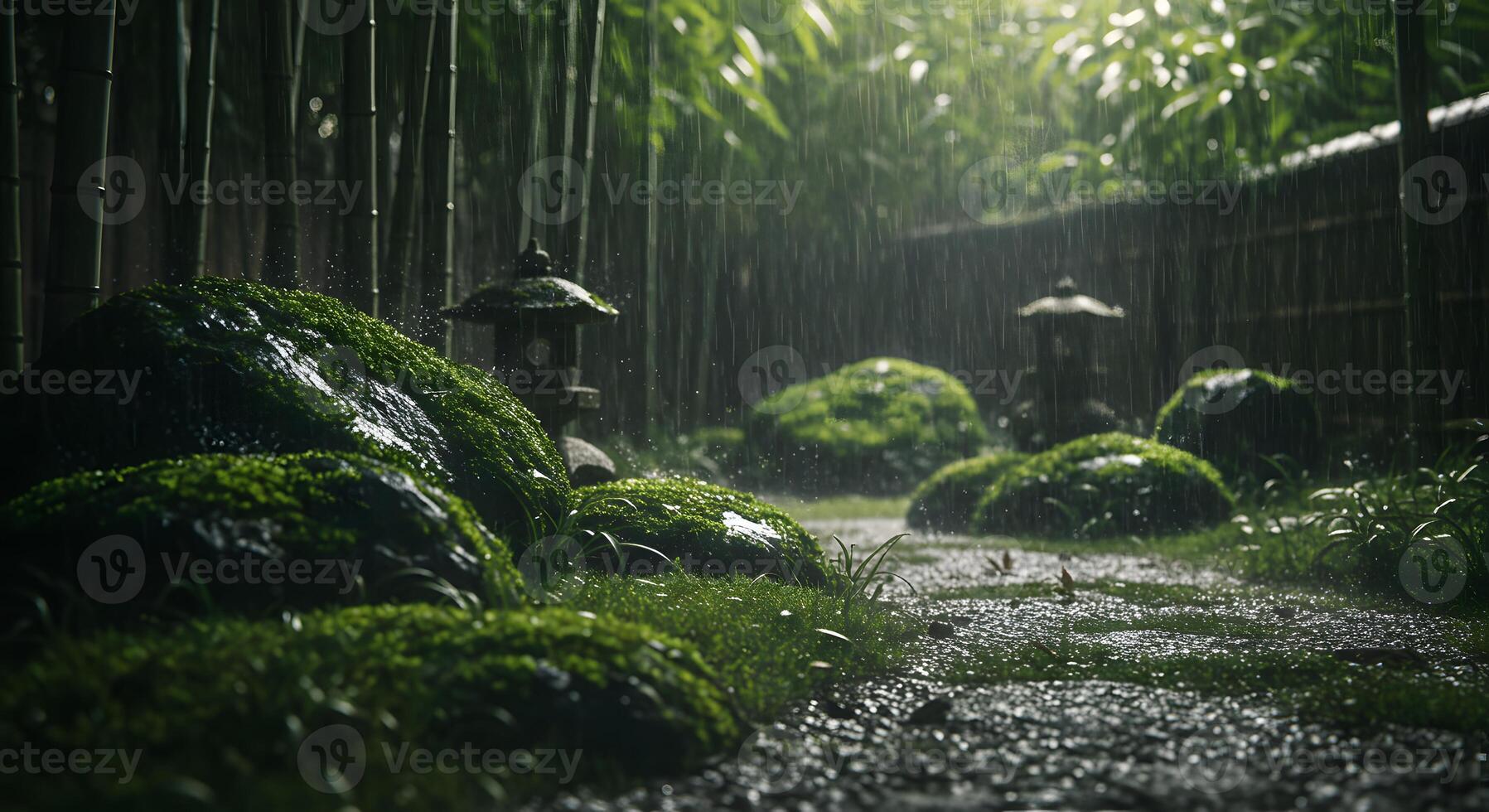 A path lined with moss and bamboo trees in the rain photo