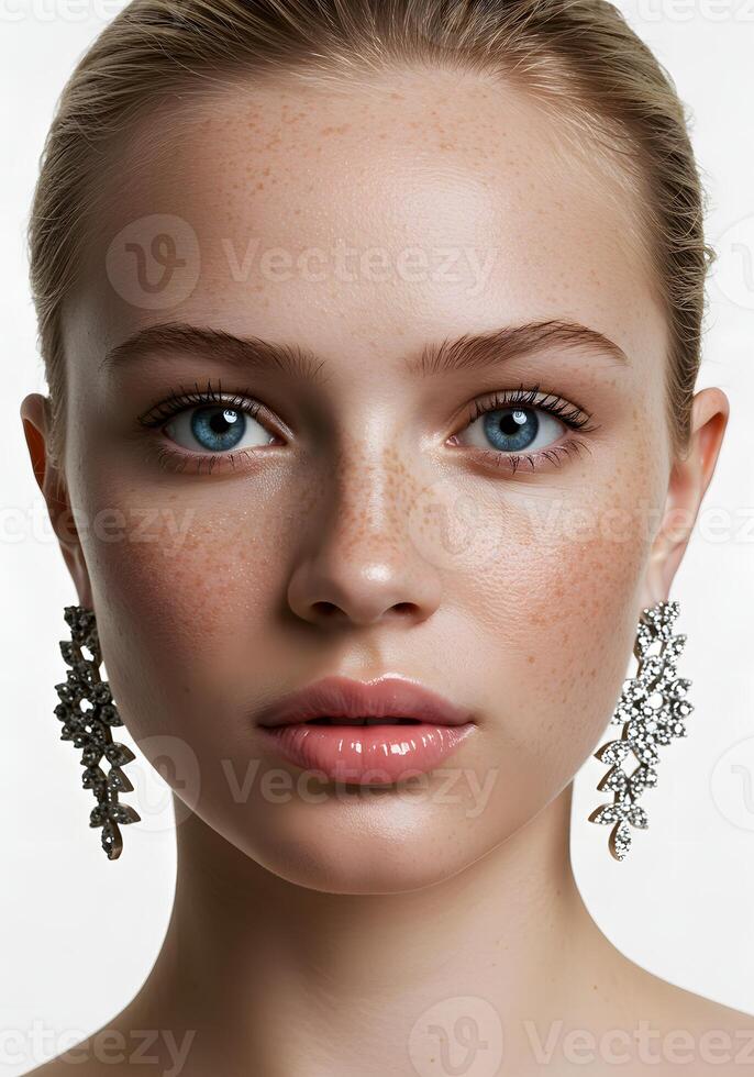 A woman with freckles and blue eyes photo