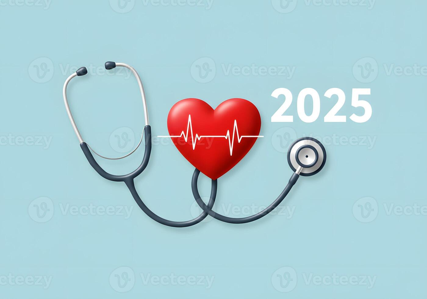 Heart Health 2025 Healthcare Concept with Stethoscope, Red Heart, and EKG Waveform on Blue Background. photo