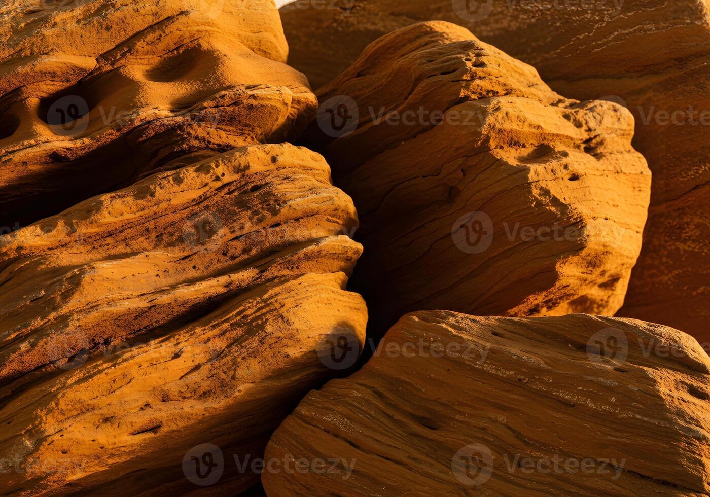 Close-up of Textured Sandstone Rocks, Golden Light, Natural Geology, Desert Formation photo