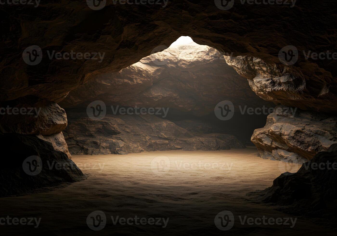Cave Interior Illustration Dark Rock Formation with Sunlight, Stone Texture, Atmospheric Interior, Underground Exploration. photo