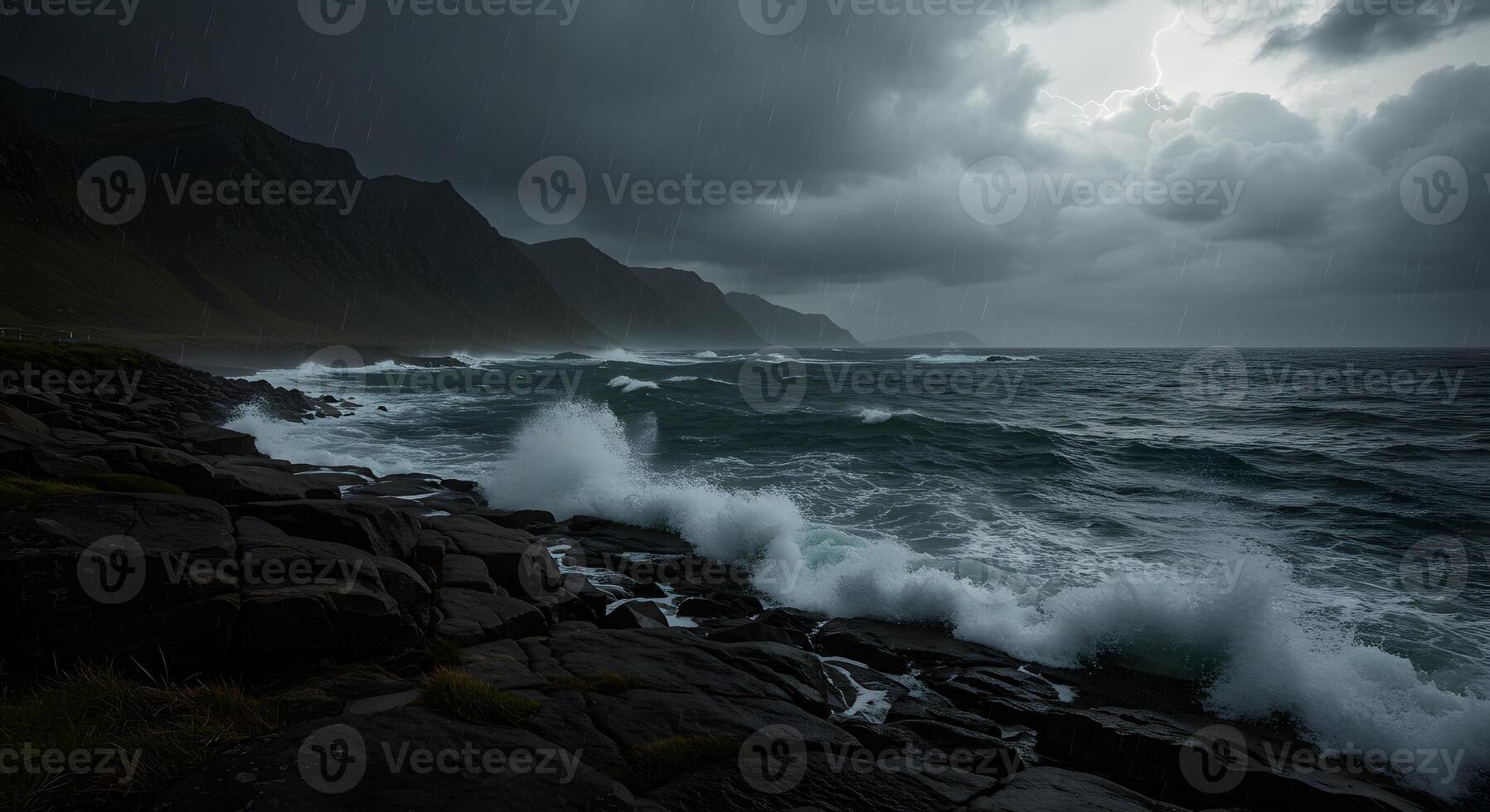 A stormy ocean with waves crashing against rocks photo