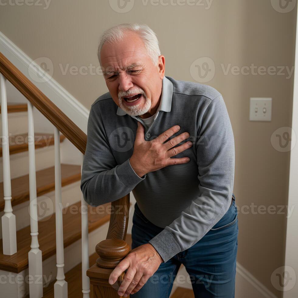A man with chest pain standing on a stairway photo