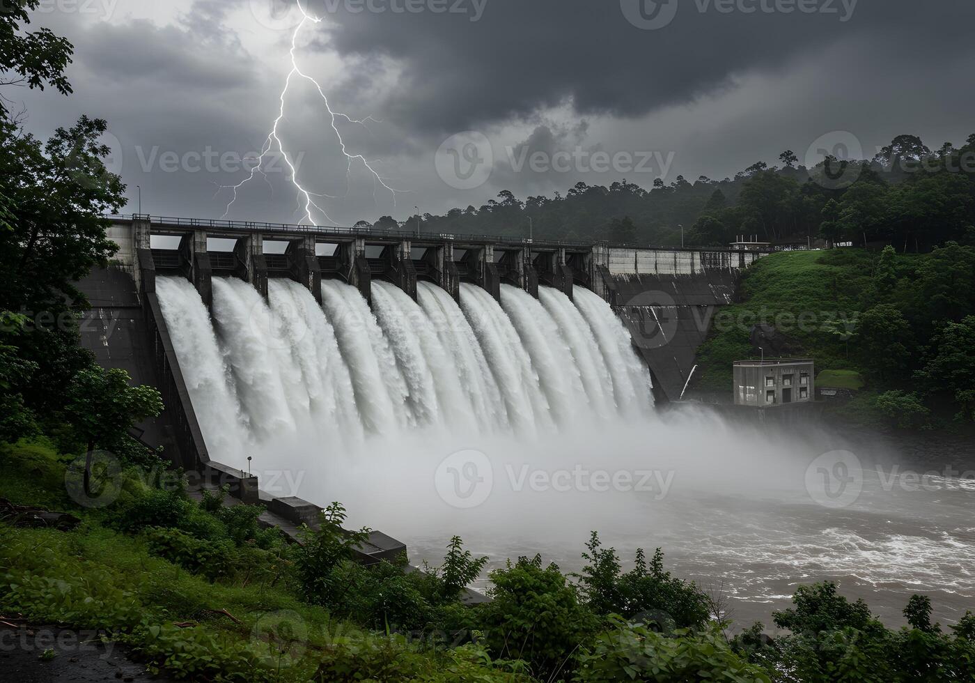 A large dam with water and lightning photo