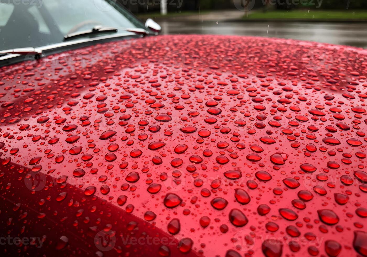 A close up of a red car with water droplets on it photo