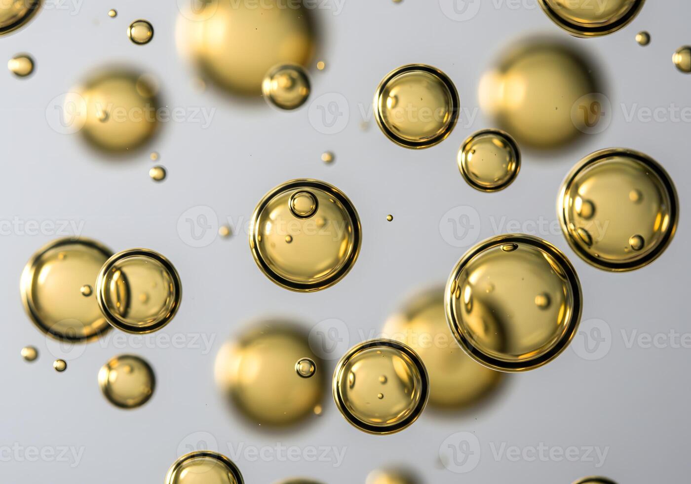 Golden Bubbles Abstract Background, Macro Shot, Shiny, Spheres, Liquid, Close-up, Floating Bubbles, Bokeh, Abstract Art. photo