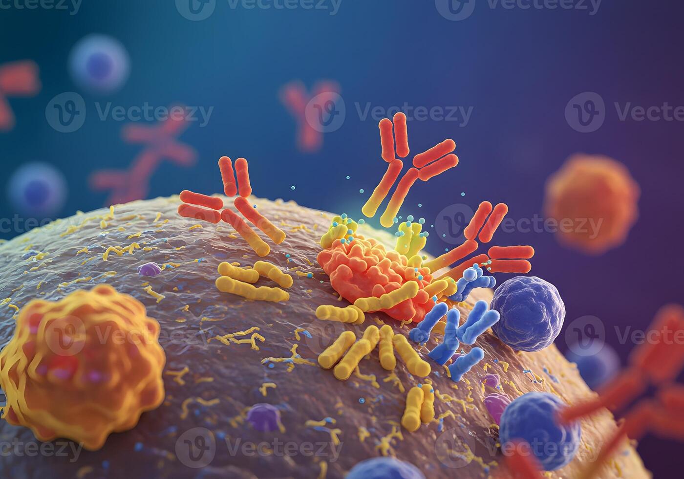 Detailed Illustration of Antibodies Attacking a Cell Immune System, Biology, Medical Research, Scientific Visualization. photo