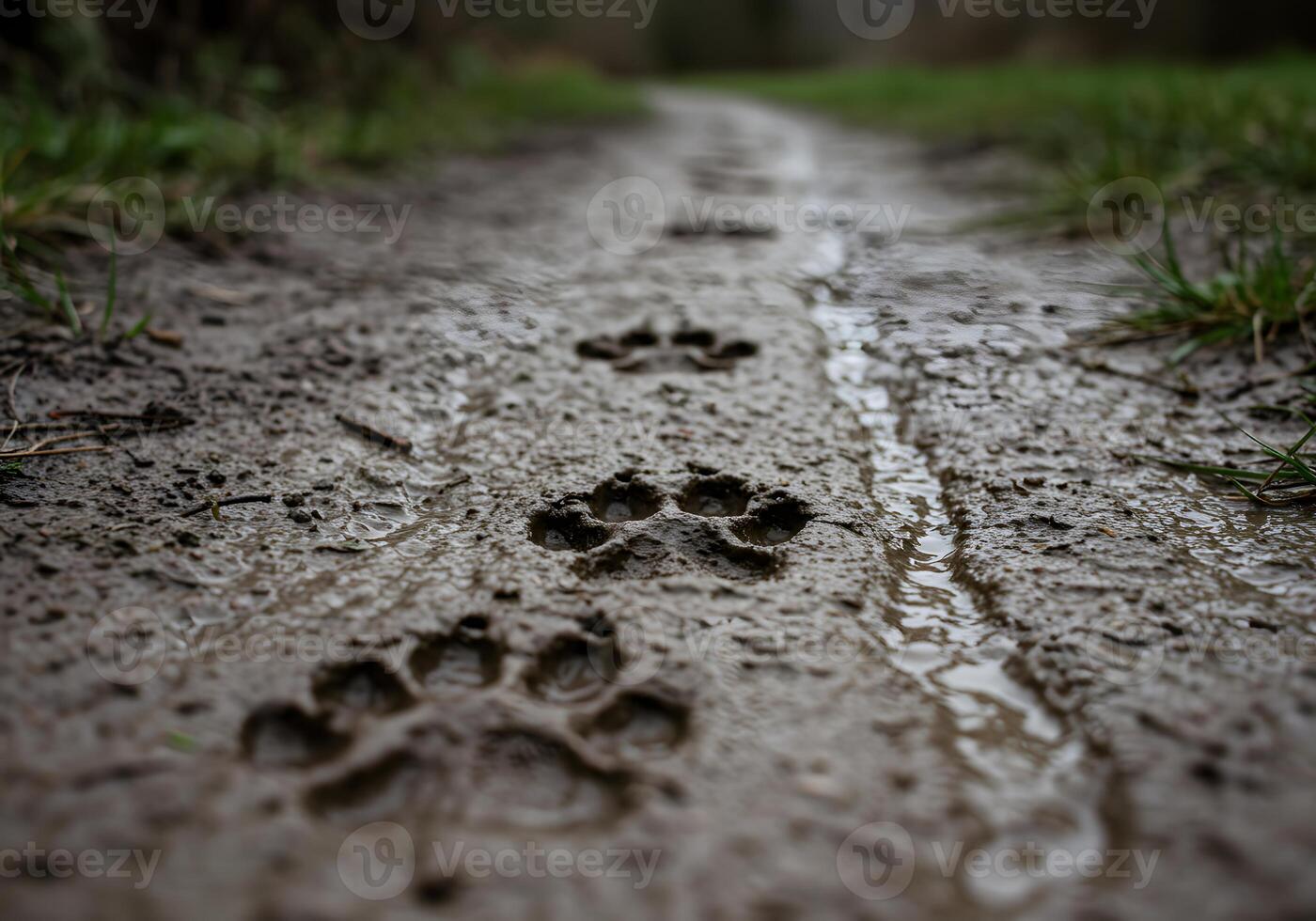 A muddy trail with paw prints in the dirt photo
