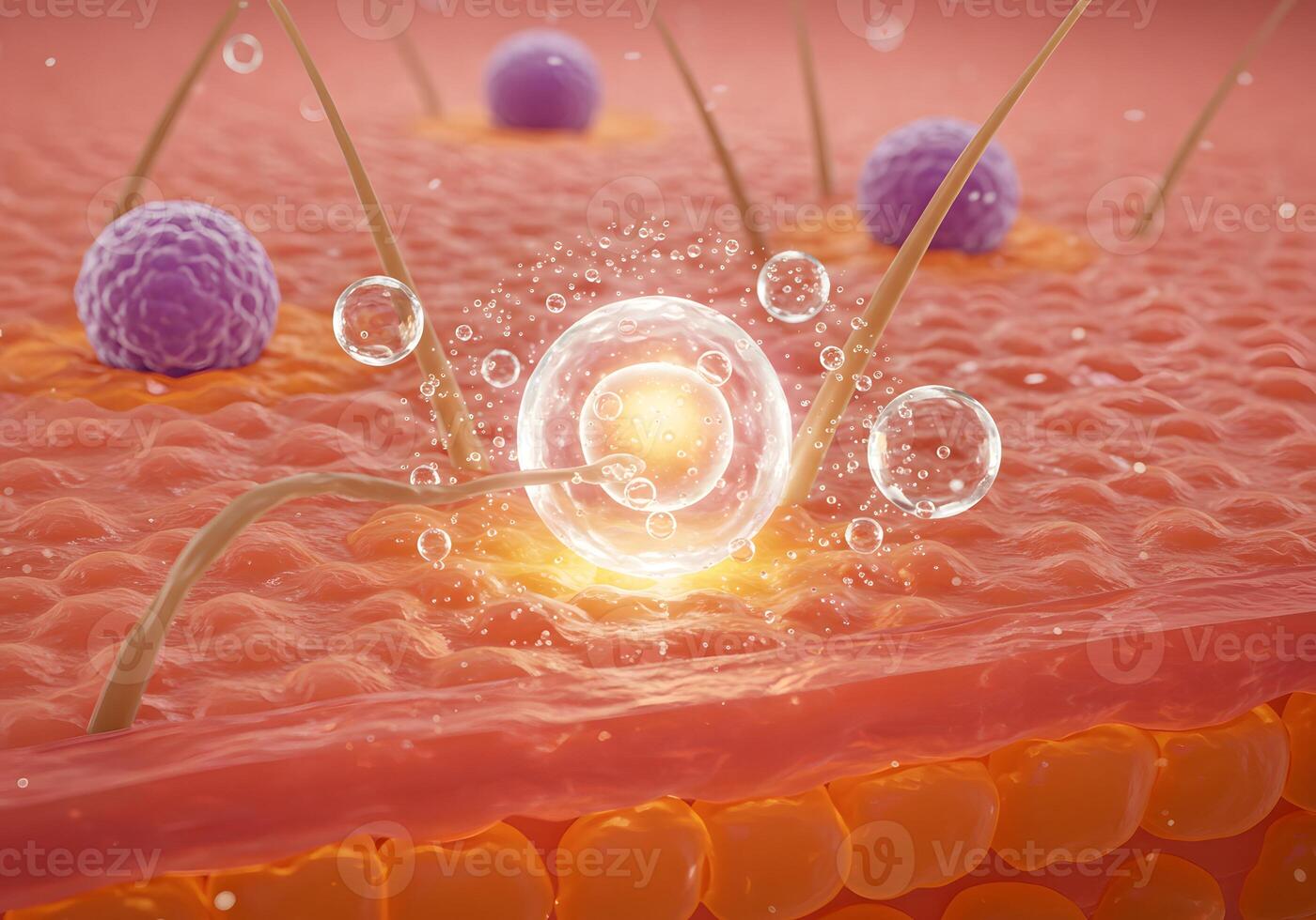 Microscopic View of Skin Cell with Cellular Structures, Water Bubbles, and Hair. Realistic Render. photo