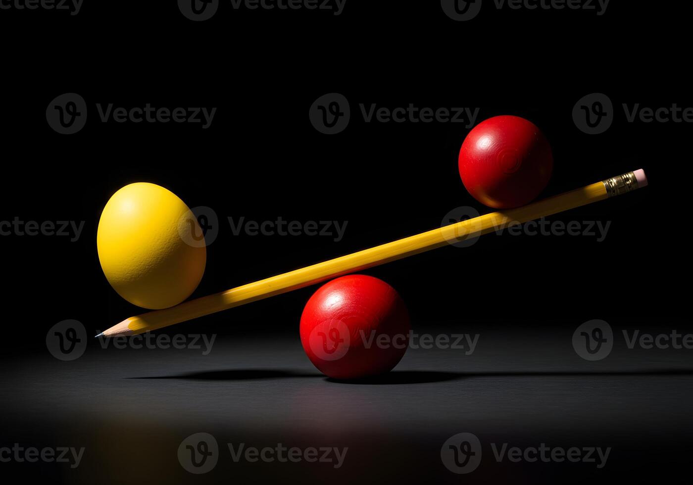 Creative Equilibrium Pencil Balancing Red and Yellow Spheres - Concept, Art, Design, Balance, Physics. photo
