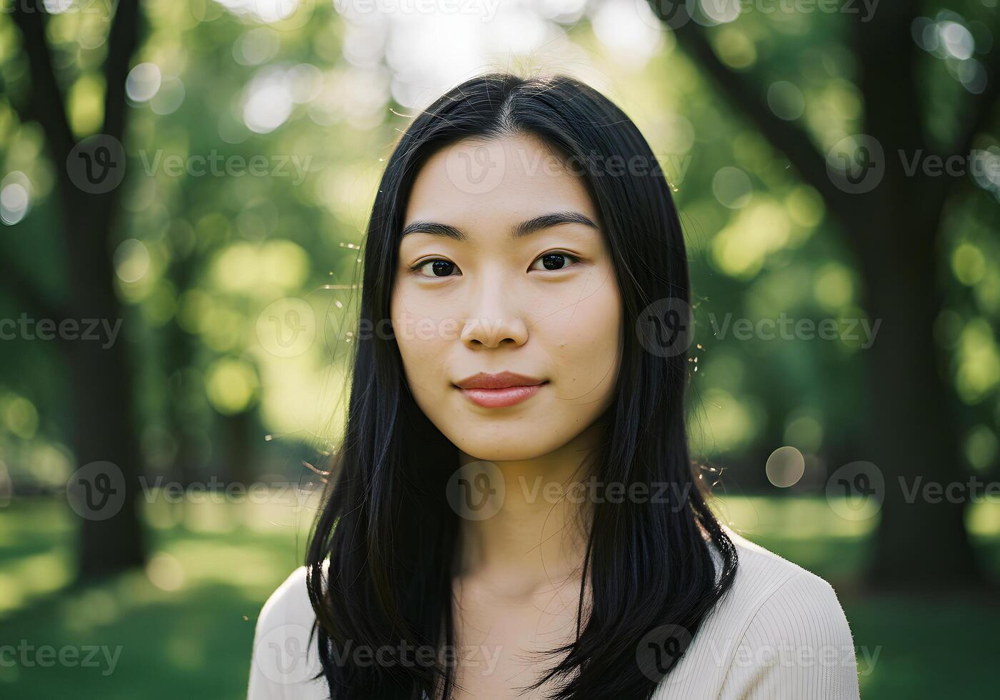 A woman with long black hair standing in a park photo