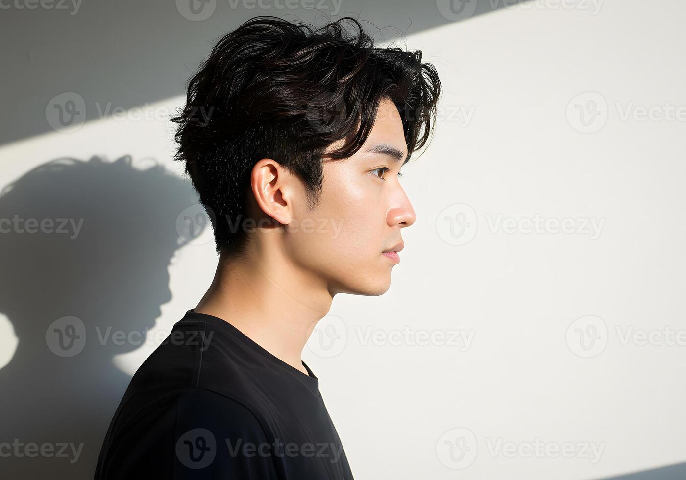 A man in black shirt standing in front of a wall photo