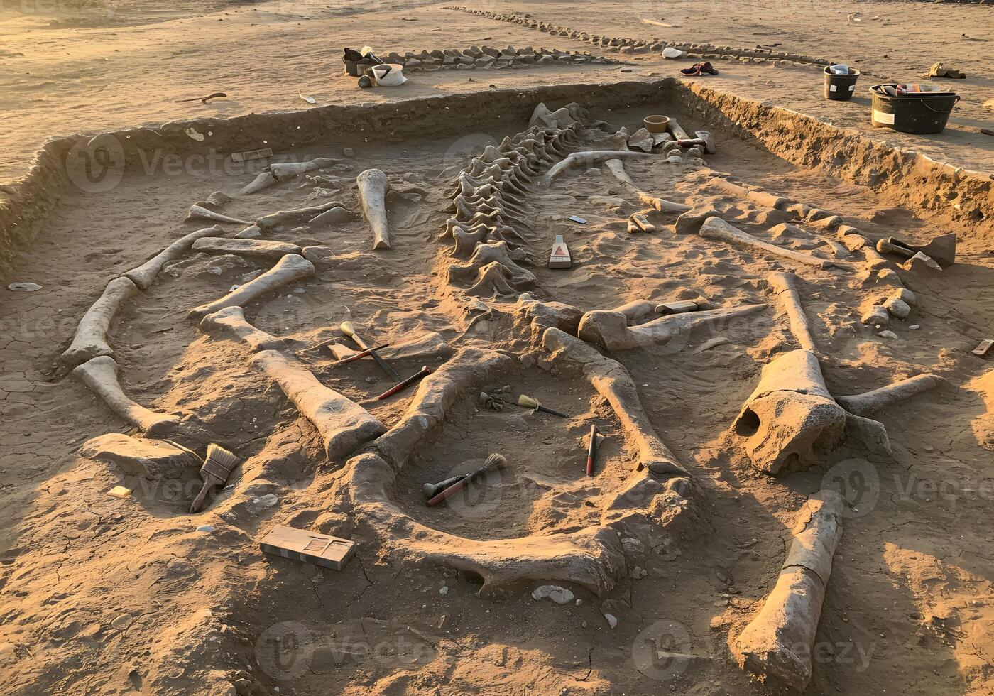 A skeleton is sitting in the sand with a shovel photo