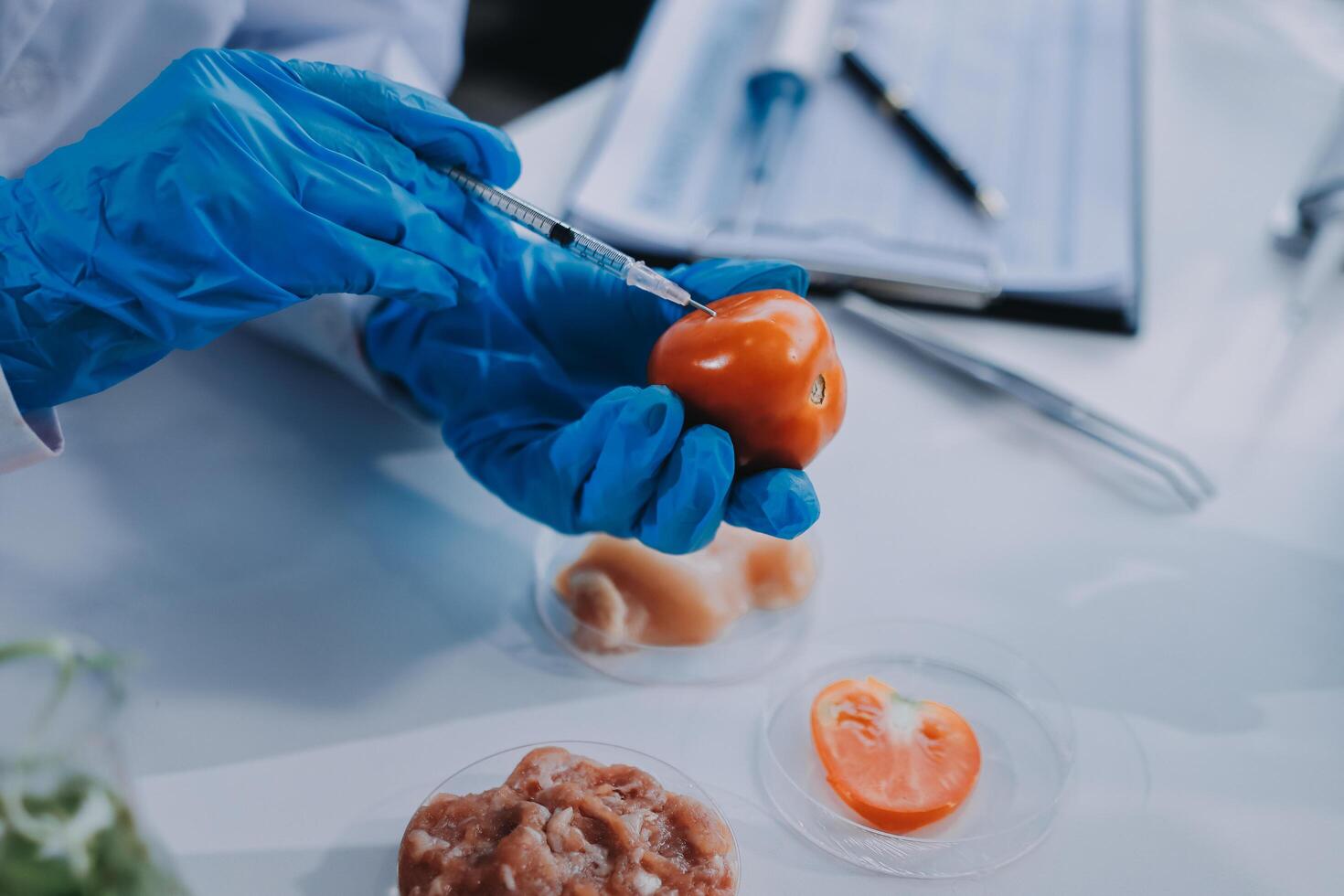 A person in blue gloves holding a tomato photo