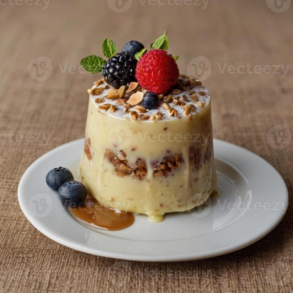 A dessert with berries and nuts on top photo
