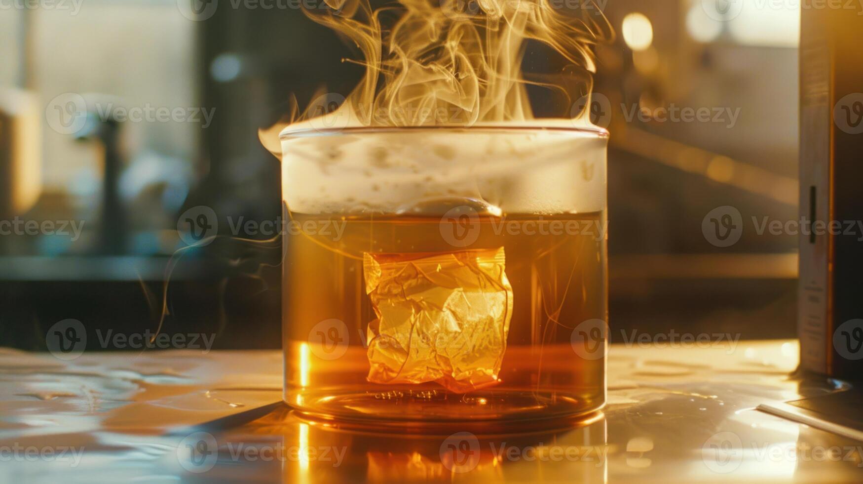 A glass of tea with smoke coming out of it photo