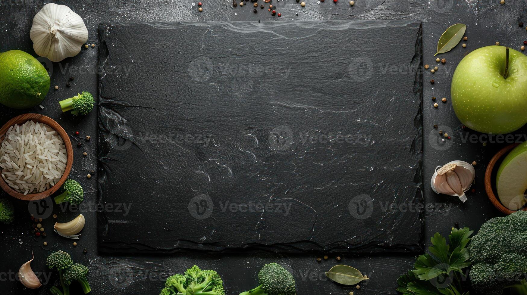 Dark stone board surrounded by fresh produce photo