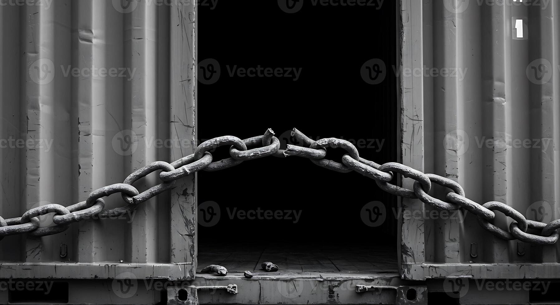 A black and white photo of a chain and a door