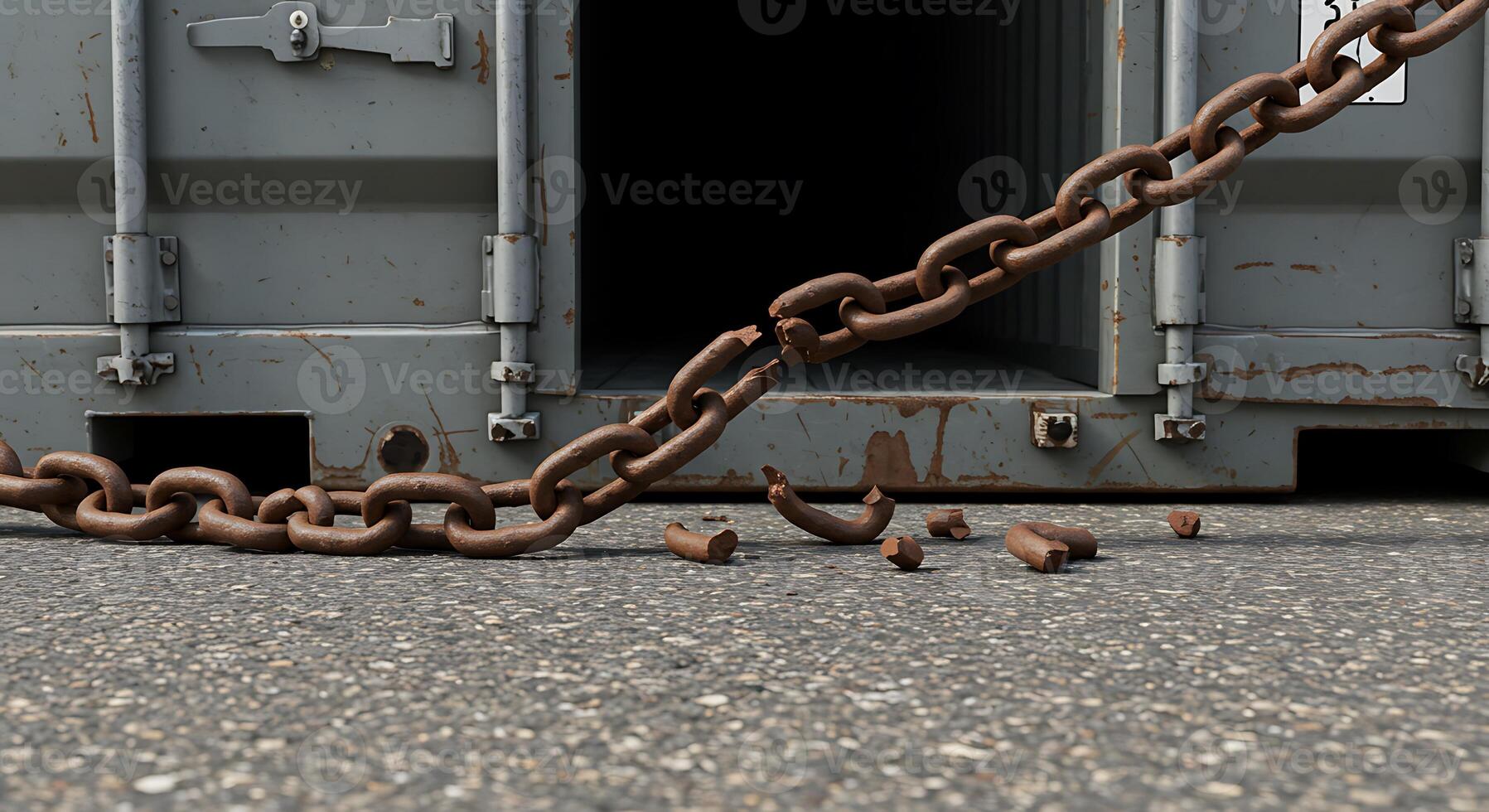 A rusty chain is attached to a container photo