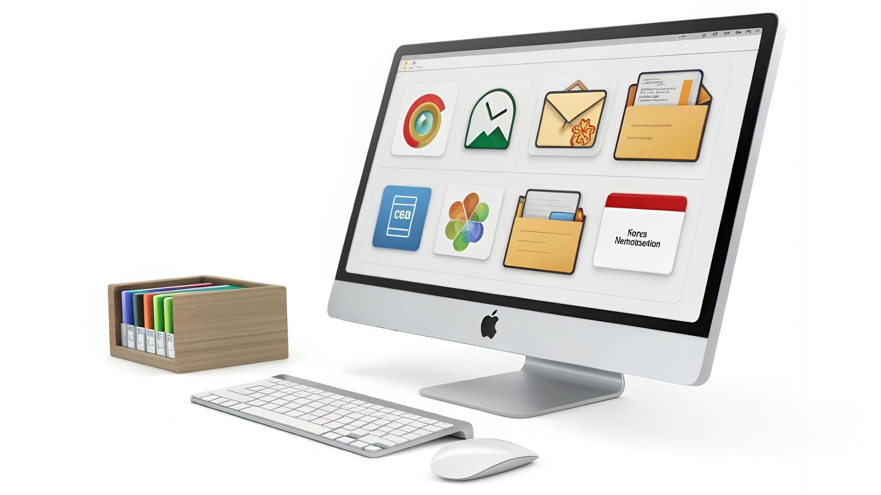 Computer Setup with Desktop Icons and Filing System Isolated photo