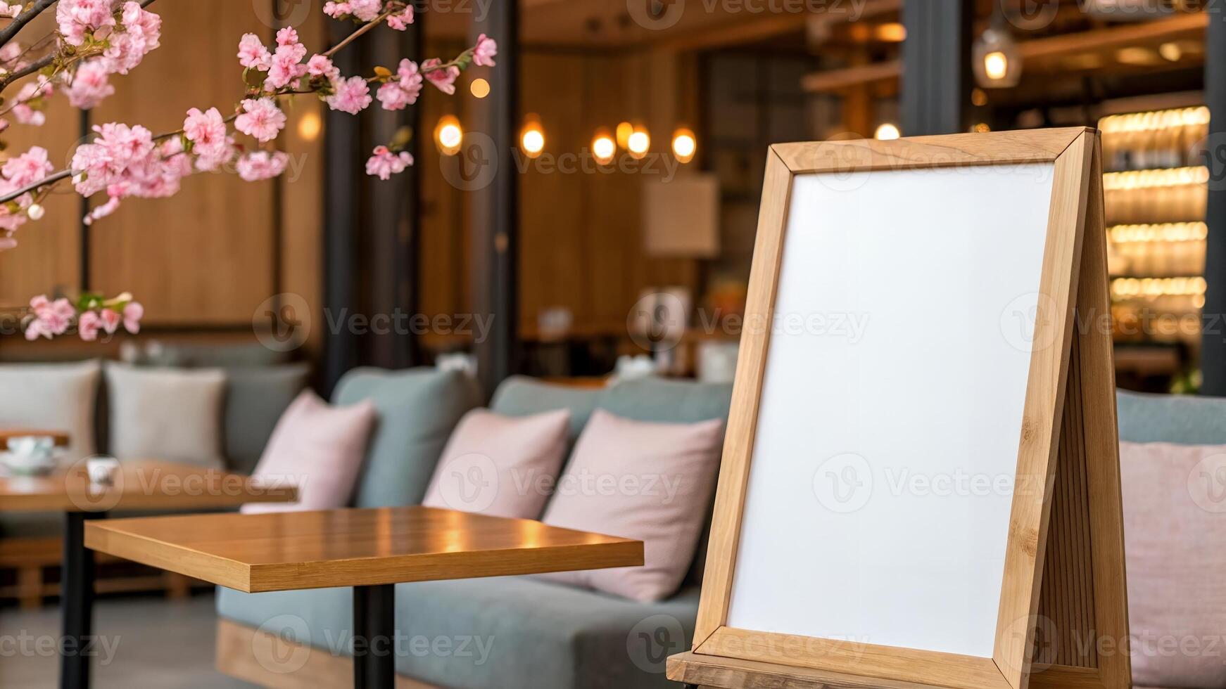 Menu Board in Restaurant with Cherry Blossoms photo