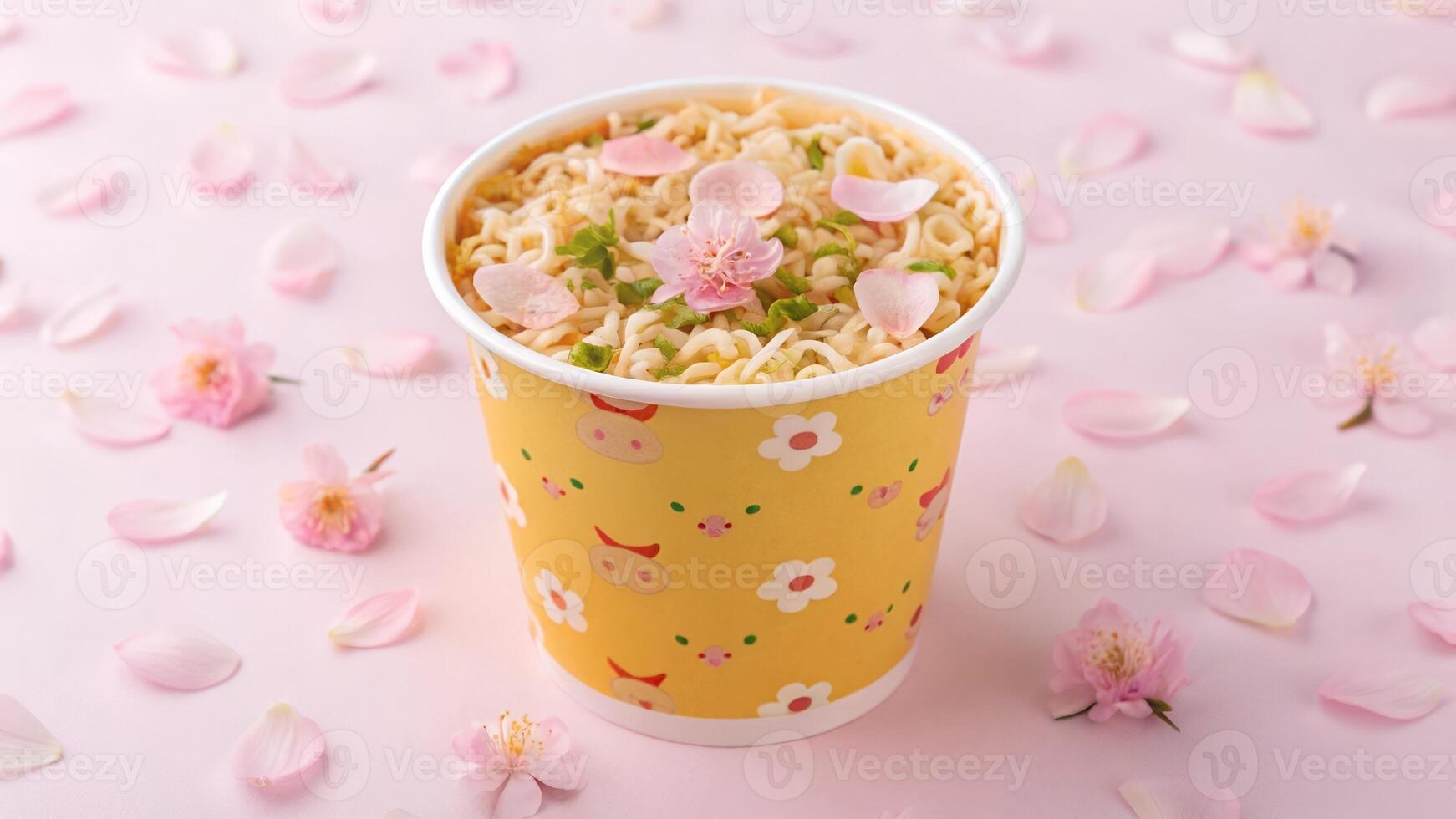 Instant Noodles in Cup with Cherry Blossoms on Pink Background photo