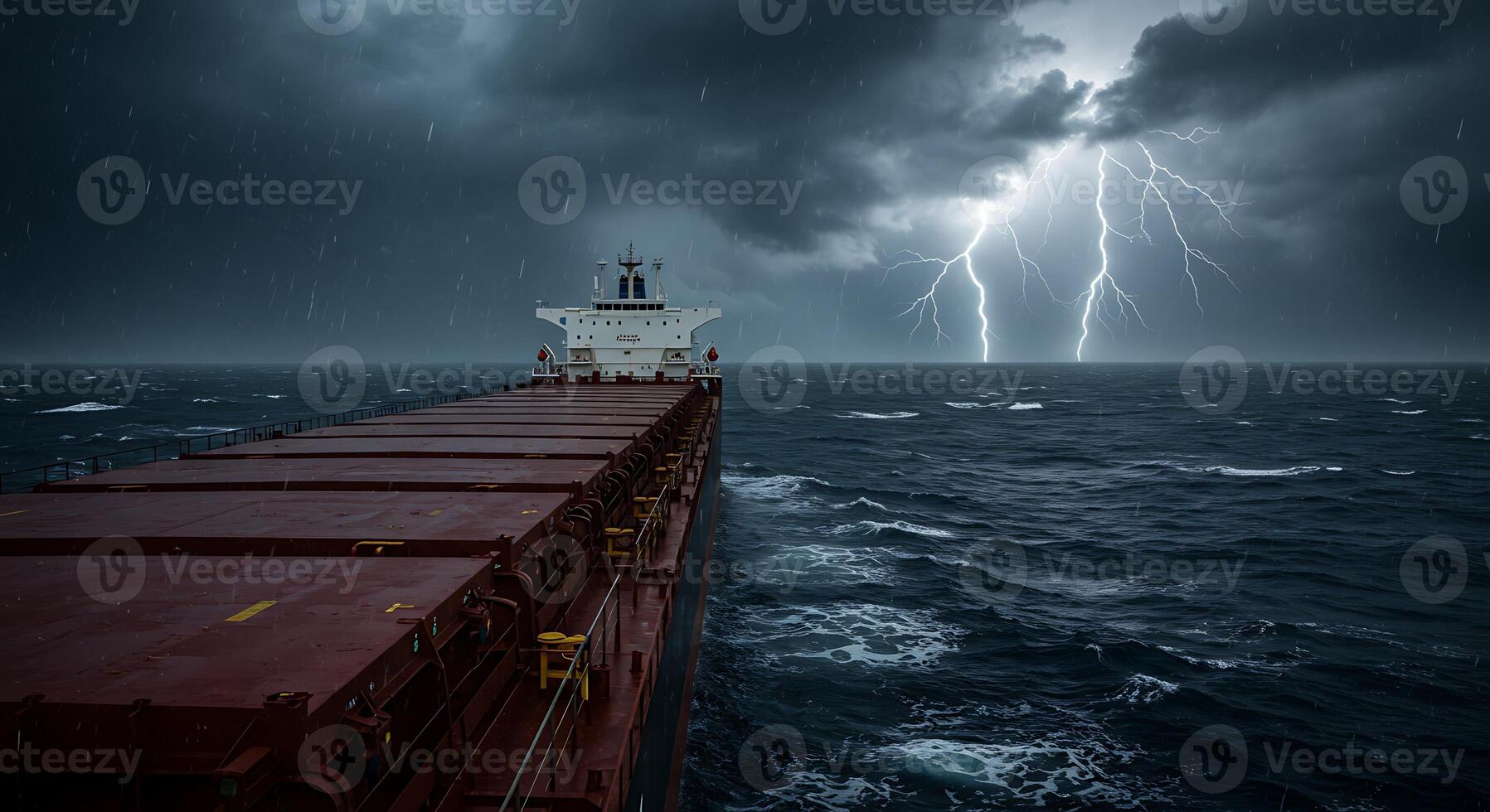A cargo ship in the ocean with lightning photo