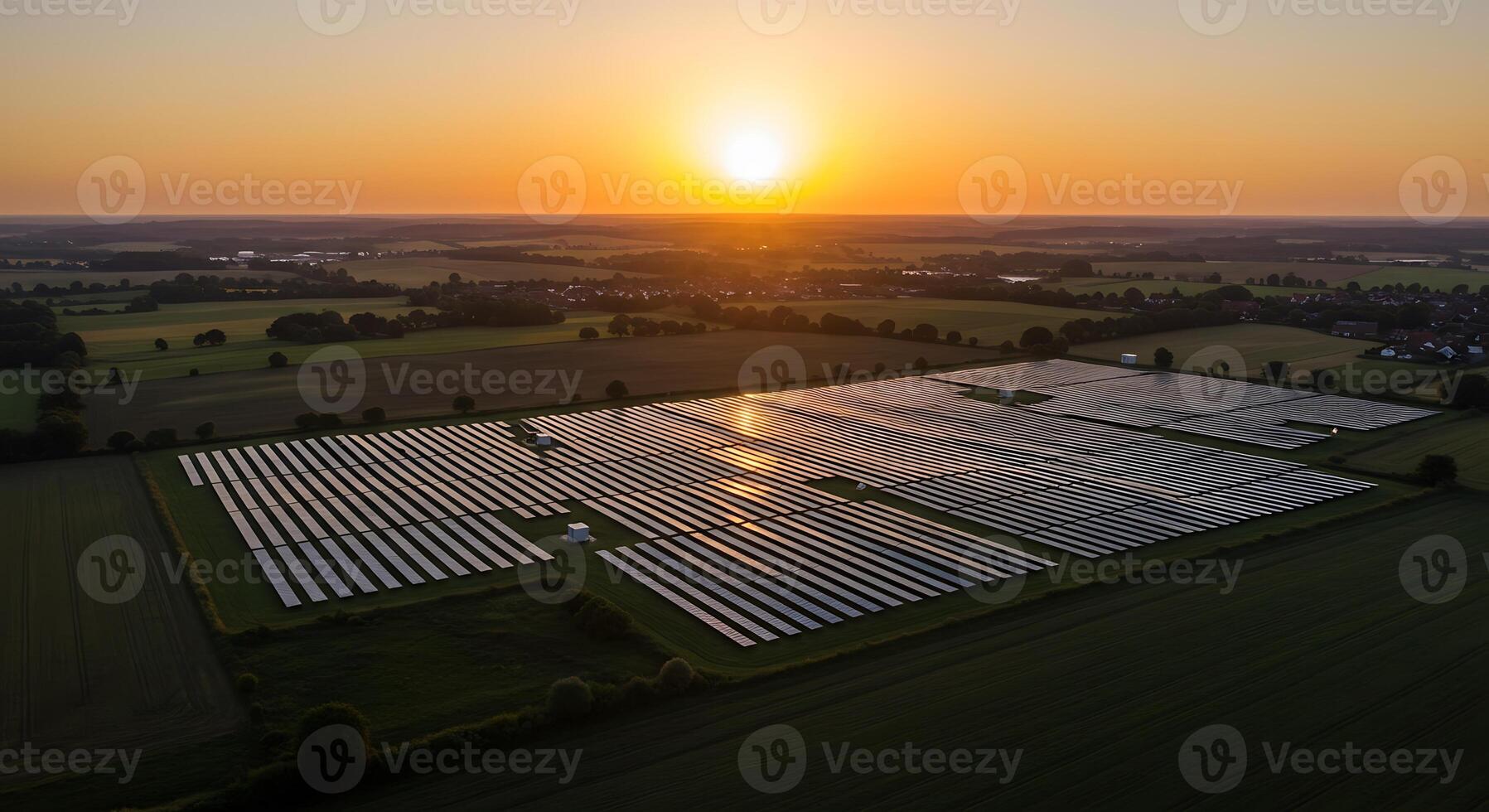 An aerial view of a solar farm at sunset photo